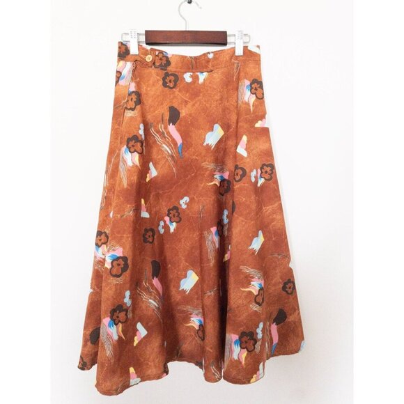 Vintage 1960s Jean Nicolas A-Line Midi Skirt Mod Abstract Print Size 40 Brown Mu - Picture 2 of 5